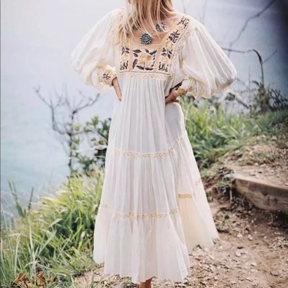 Boho Cotton Embroidered Daisy Floral Prairie Dress - Picture 2 of 10